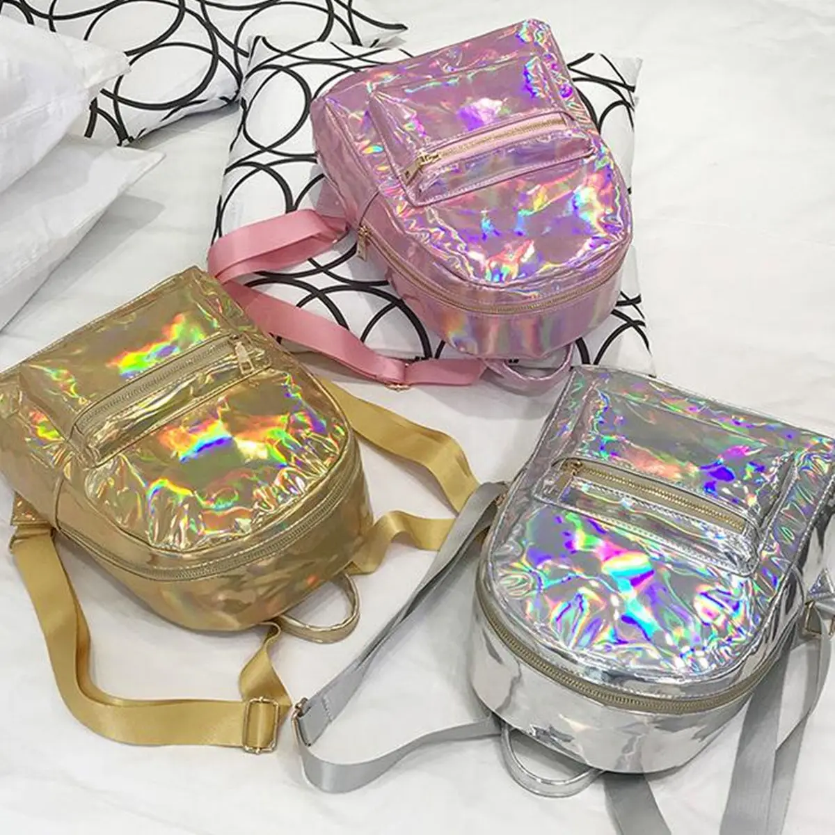  Silver Gold Pink Laser Backpack women girls Bag leather Holographic Backpack school bags for teenag - 32830846094