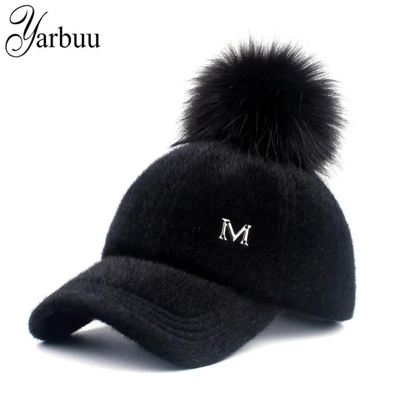 

[YARBUU] New brand baseball caps 2017 winter cap for women Faux Fur pompom ball cap Adjustable Casual Snapback hat cap