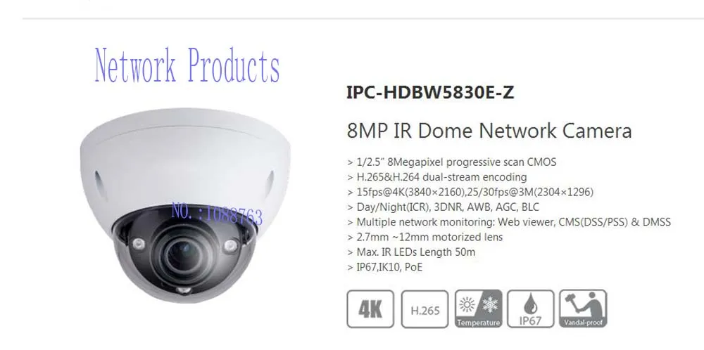 Free Shipping DAHUA Security IP Camera CCTV 8MP IR Dome Network Camera with POE IP67 IK10