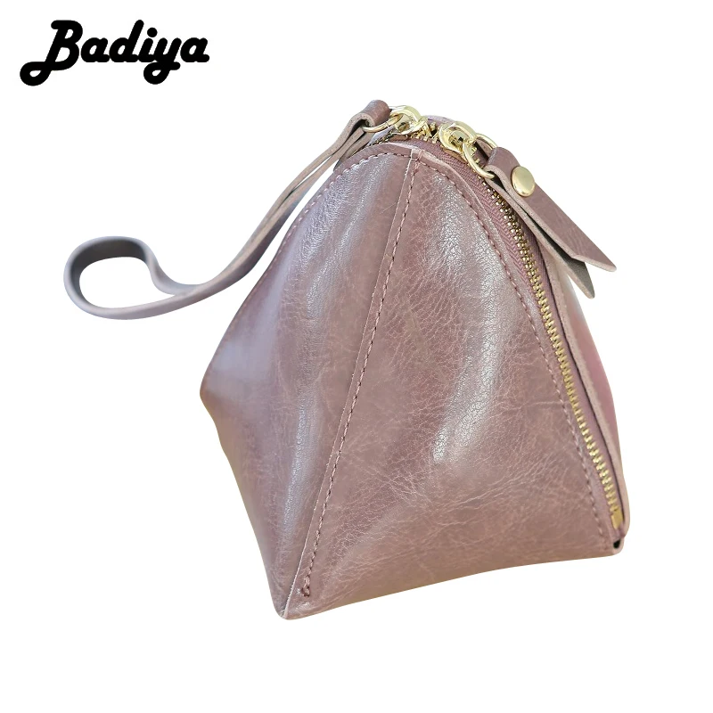 

New Solid Fashion Oil PU Leather Coin Purse Small Zipper Wristlet Wallet Double Zipple Three Pyramid Money Bag