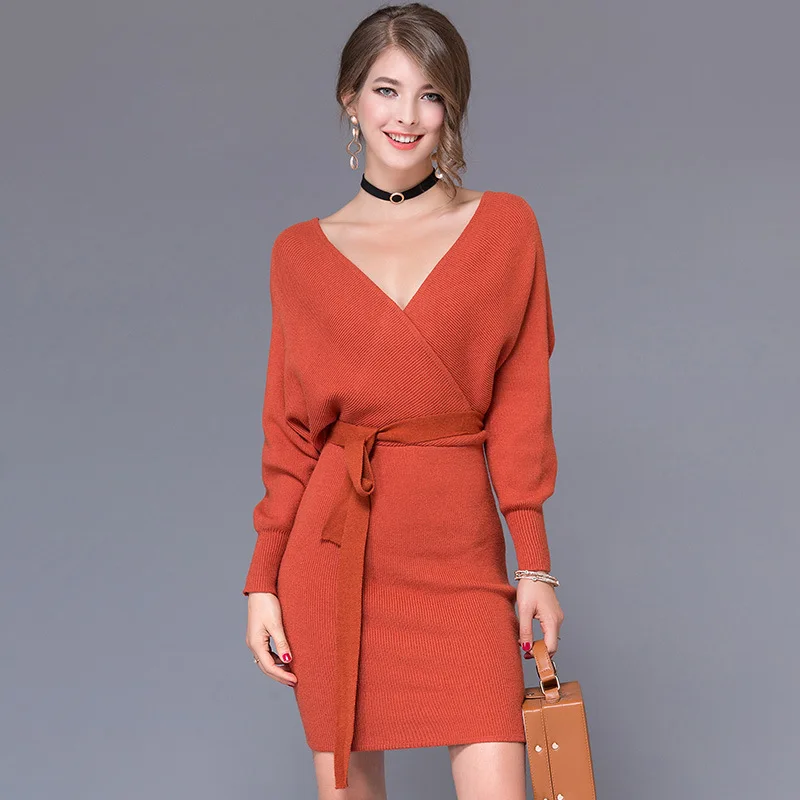 

2019 Fashion Cashmere Women Autumn Winter Mini Dresses Solid V-Neck Long Batwing Sleeve Elegant Knitted Sweater Dress With Belt