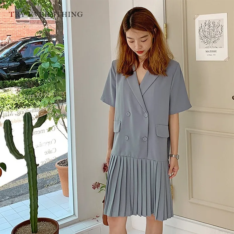 

Loose Casual Dress Women Summer 2019 Fashion Blue Korea Style Dress Blazer Ladies Button Straight Bohiday Midi Dresses For Women