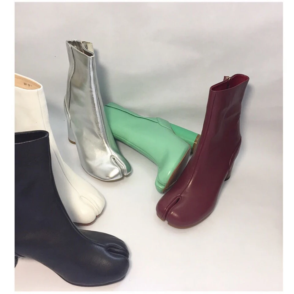 JAWAKYE/короткие ботинки из натуральной кожи серебристого и черного цвета; ботильоны для женщин на высоком каблуке с разрезом на носке; Zapatos mujer