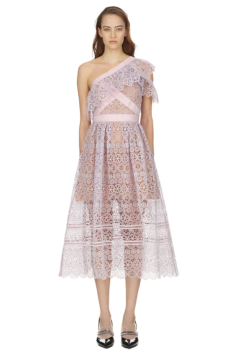 

High-end Self Portrait Dresses 2019 Women Summer Sexy Light Blue One-shoulder Hollow Out Lace Dress Elegant Party Dresse