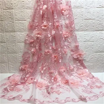 

3D Flowers Latest Beads African Cord Lace Fabrics High Quality 2019 Nigerian Stone Lace Fabric For Wedding African Lace Fabric