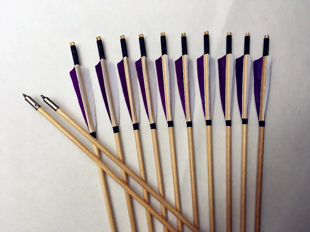 

12pcs Archery wooden Arrows handmade turkey feather Recurve Long Bow site shooting purple white Feathers