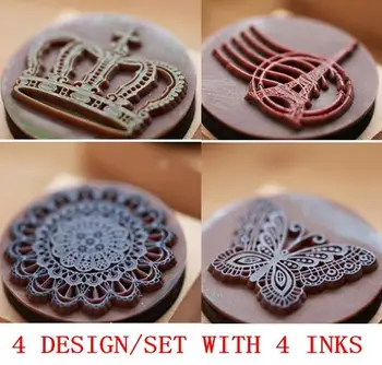 

4 Design +4 Inkpads Scrapbooking Stamp Eiffel Tower Butterfly Vintage Lace Stationery Wooden Rubber Card Album Paper Crafts Diy