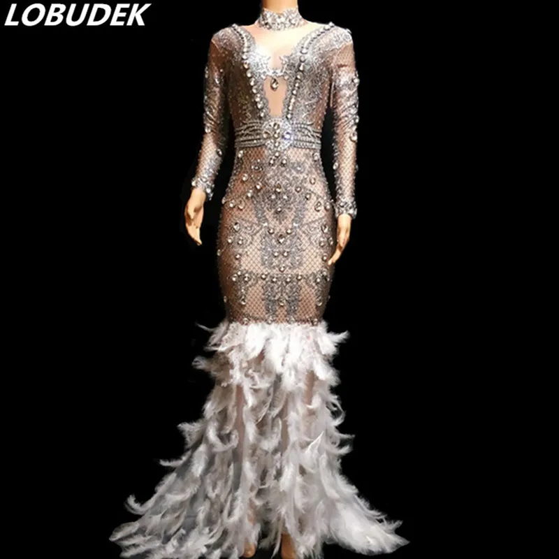 

Sexy Silver Rhinestones White Feathers Trailing Dress Female Singer Host Models Catwalk Stage Wear Mermaid Dress Party Show Wear