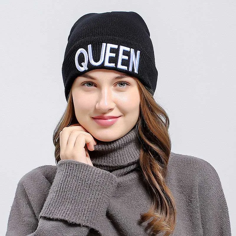 Зимние теплые Skullies шапочки вязать KING шляпа королевы Skullies В Капот Шапки для Для мужчин Для женщин Лыжная Шапочка вышивкой Кепки