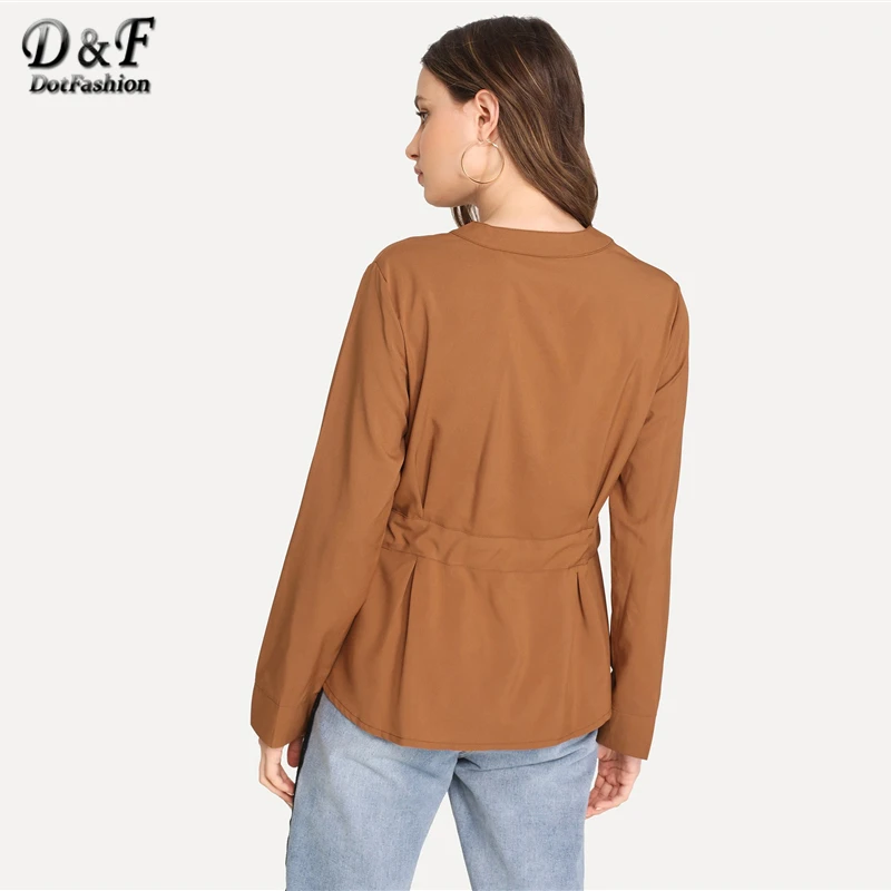  Dotfashion Camel Drawstring Waist Solid Blouse Womens Tops And Blouses Long Sleeve V Neck 2019 Autu