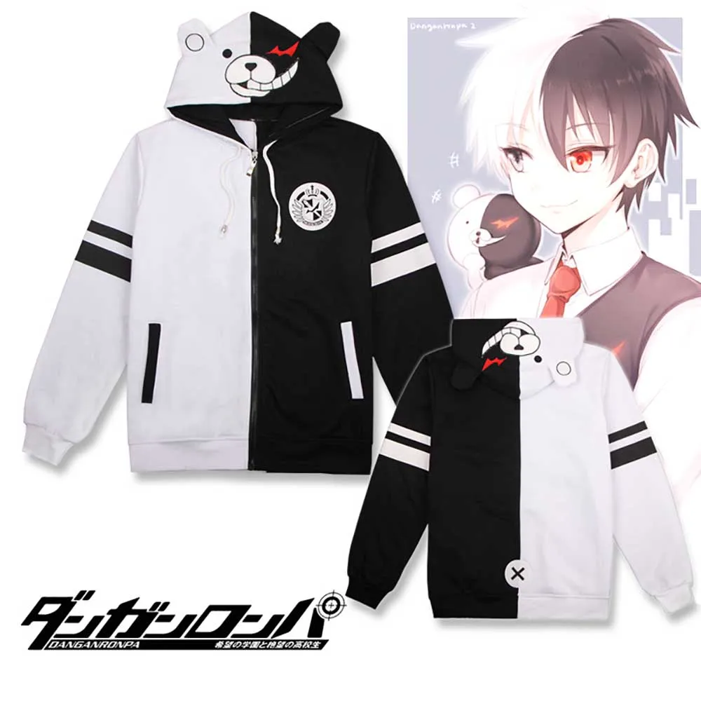 

Danganronpa Cosplay Hoodie Monokuma Black and White Sweatshirts Anime Bear Long Sleeve Zip Up Lightweight Hoodie Autumn Jacket