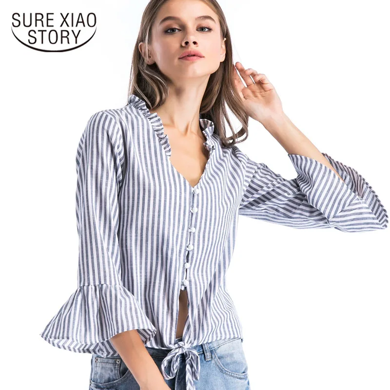 Blusas mujer de moda 2021 расклешенные Длинные рукава с v образным вырезом полосатая блузка
