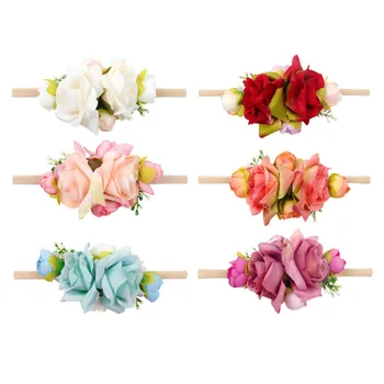 

1PCS Rose Flowers Bud Leaf Infant Nylon Soft Elastic Headband Girl Hair Accessories Photo Props Children Hairband Festival Gift