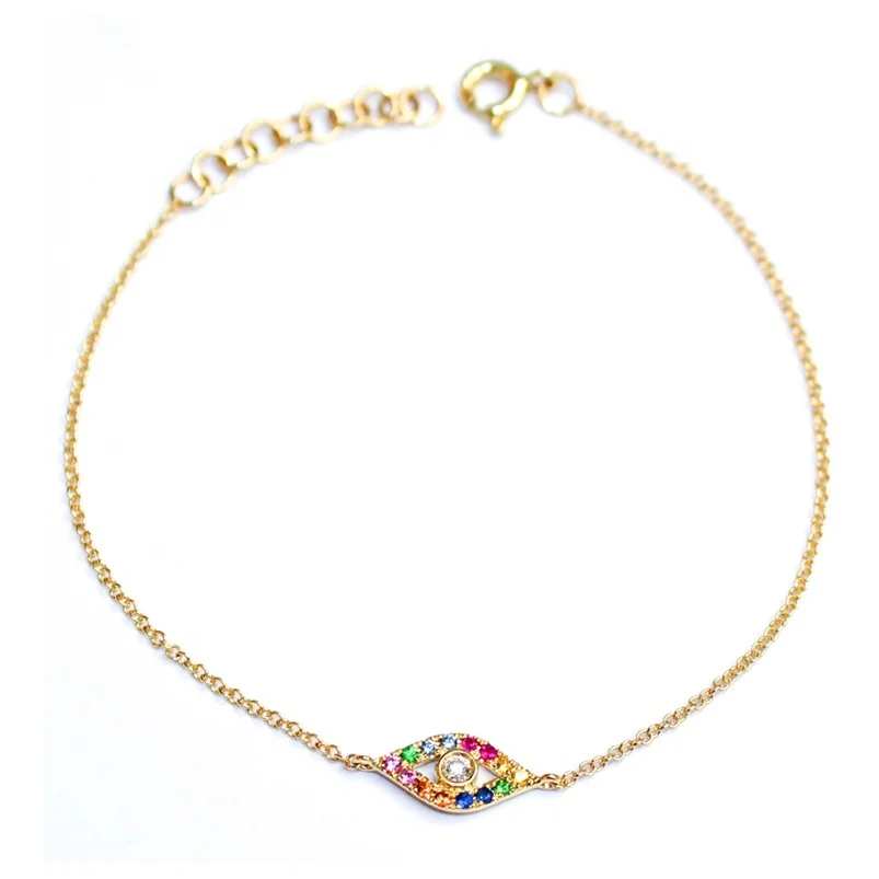 

NEW tiny rainbow cz evil eye charm link chain cute lovely bracelet for girl women 925 silver 15+4cm