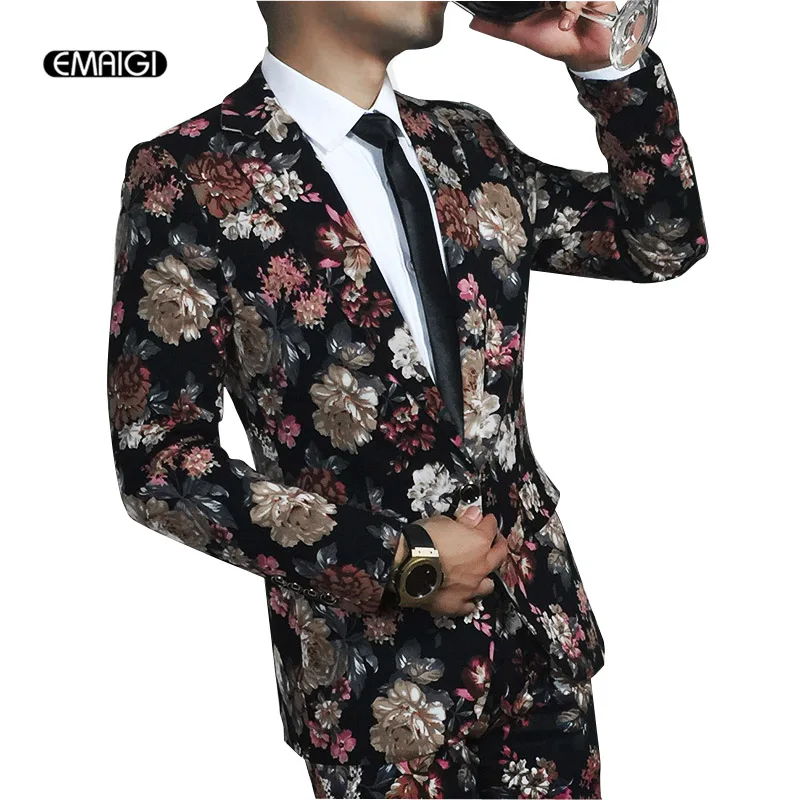 Costume Homme New Men Casual Flower Suits Peaked Lapel Male Dress Suits