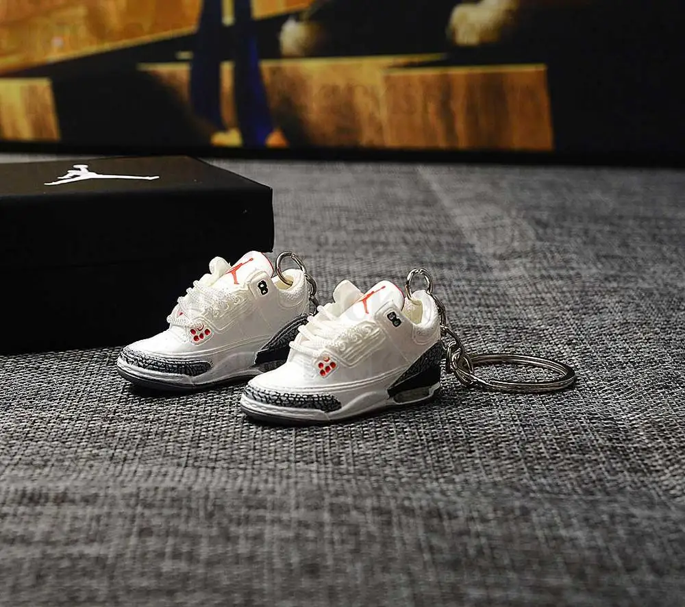 

dropshipping AJ 3 " white cement " sneaker keychains 1/6 SCALE 3D Mini Sneaker JORDAN keychain doll accessory