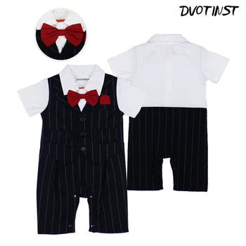

Baby Boys Clothes Short Sleeves Gentleman Bow Tie Striped Romper Outfits Infantil Wedding Event Jumpsuit Party Birthday Clothing