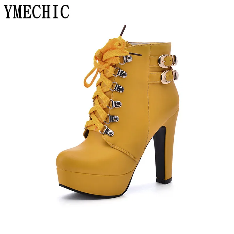 Женские ботинки на шнуровке YMECHIC желтые белые черные платформе с пряжкой высоком
