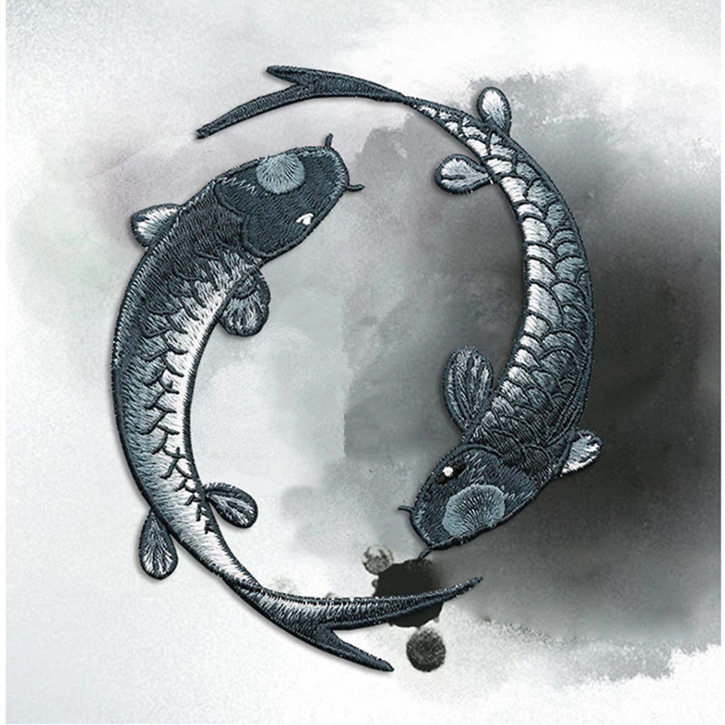 

AHYONNIEX Brand Tai Chi Black Color Fish Embroidered Patches Sewing Stickers for Clothing Applique Diy Accessories