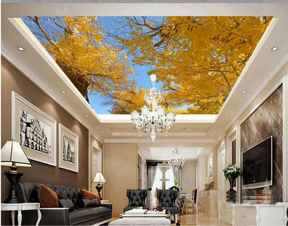 Us 112 65 Di Scontocarta Da Parati 3d Soffitto Autunno Paesaggio Con Foglie Gialle Alberi Affreschi Del Soffitto 3d Soffitti Affrescati