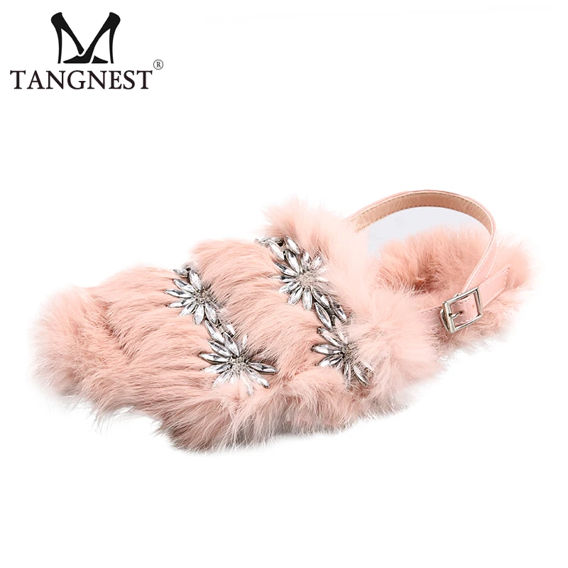 

Tangnest Outdoor Fur Slippers Winter Crystal Soft Slides Rhinestone Sandals Cute Comfortable Lady Flat Shoes Woman XWT1461