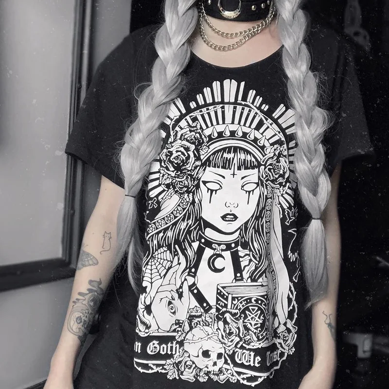 Темная Мода Готическая ведьма печатных рок футболки в стиле панк уличная летняя свободная длинная футболка черные женские футболки для девочек топы