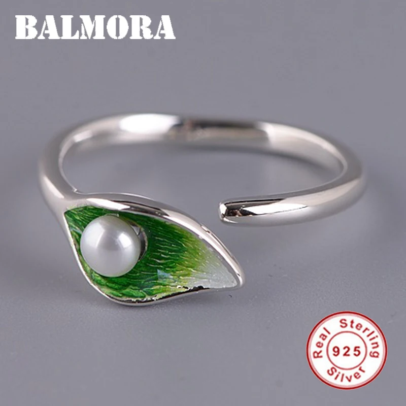 

BALMORA 925 Sterling Silver cloisonné-style Leaf & Imitation Pearl Open Rings for Women Ring Girl Gift Jewelry Anillos SY22715