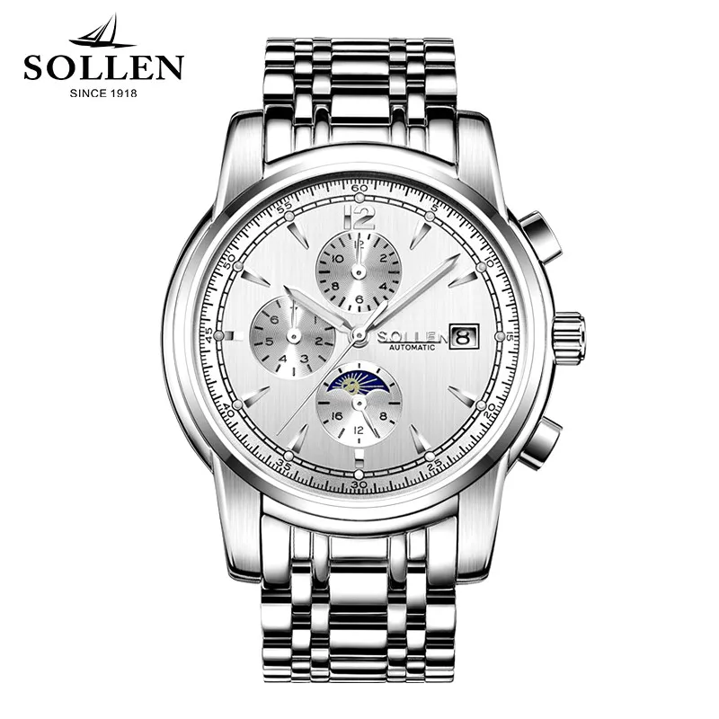 

SOLLEN Watches Men Famous Brand Luxury Multi Function clock automatic mechanical Watch Waterproof Full Steel Male WristWatch
