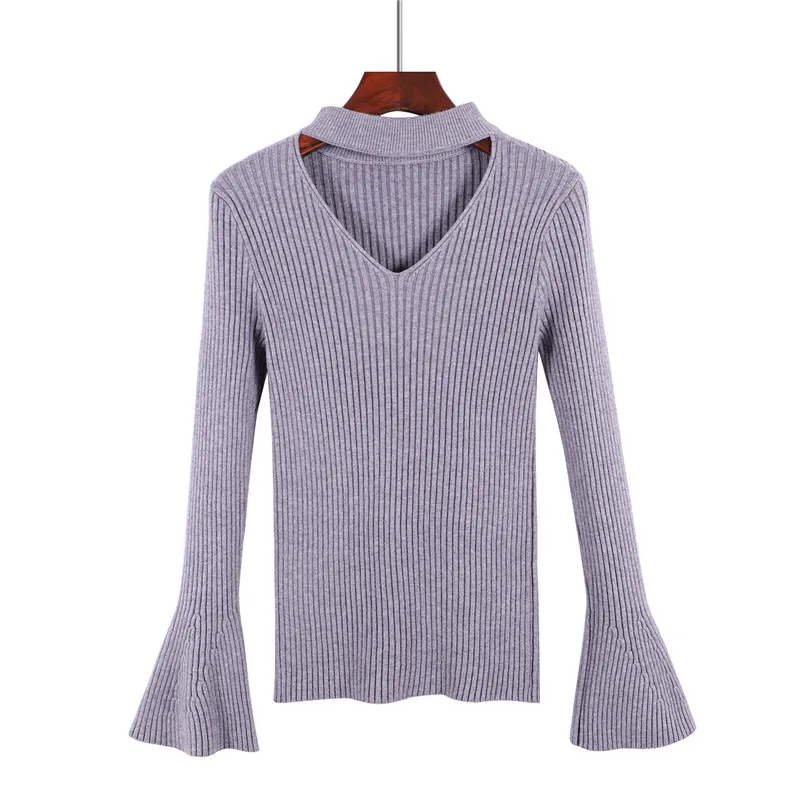Sexy Flare Sleeve Sweater Women Fashion V-neck Bell Sleeve Knit Pullover Jumper  Female Brand Solid Color Knitted Sweater D216