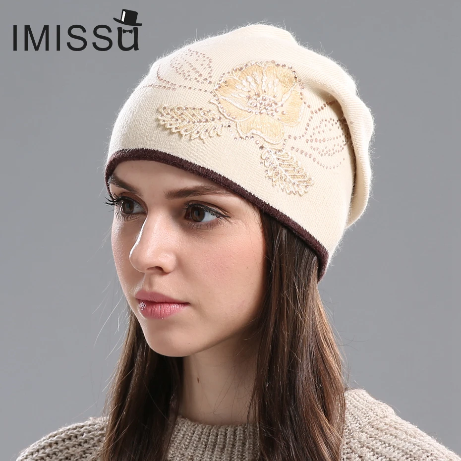 IMISSU женские Зимние Шапки Вязаные Шерстяные Skullies Повседневная Cap с Цветочным