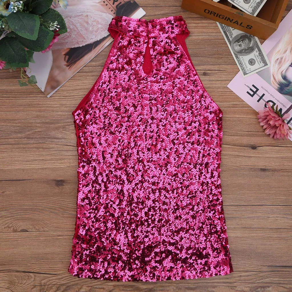 Summer Silver Sexy Tank Top Women Streetwear Sequin Bandage Tank Top Womens Clothing High Street Party Tops For Women - Цвет: Hot Pink