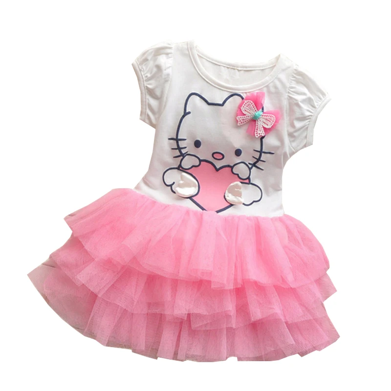 Infant Baby Girls Cute Hello Kitty Cat Short Sleeve Dress With Bow Kids