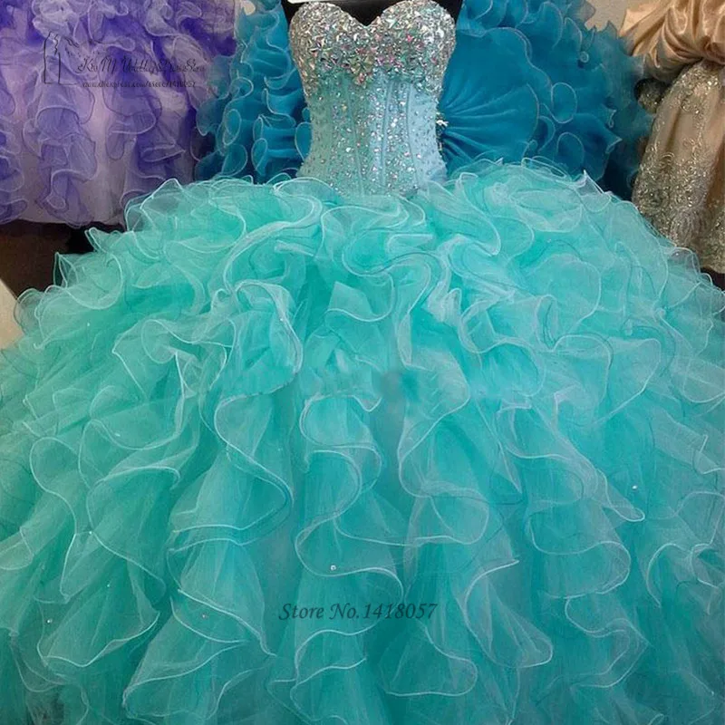 Turquoise Quinceanera Dresses Organza Ball Gowns Crystal Sweet 16 Dress Vestidos de 15 Anos Cheap Quinceanera Debutante Gowns