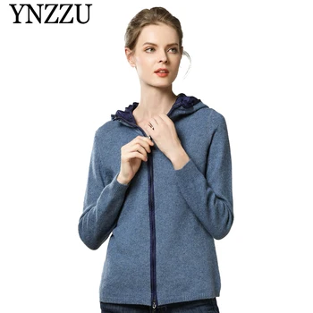 

YNZZU 2019 Autumn Winter solid women sweater Hooded causal zipper knitted jacket Female sport long sleeve Outdoor Coat YO851
