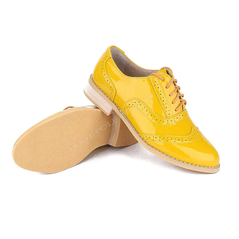Брендовая обувь ручной работы; женские желтые лакированные туфли на плоской подошве; женские туфли-оксфорды размера плюс; zapatos mujer; броги; оксфорды - Цвет: 210 yellow