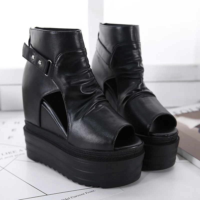 Zapatos Súper Grueso Boca Dentro De Aumento Plataforma Simple Los Pescados Sandalias Negro Impermeables Cuña Inferior Clásico Altos Muffin Tacones 8aq0F6w
