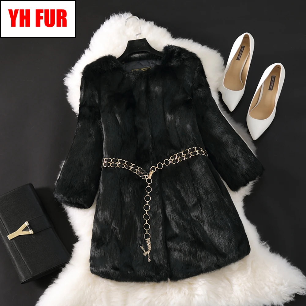 

Long Style Winter Women Real Genuine Rabbit Fur Jackets Slim Warm Soft Real Rabbit Fur Overcoat Full Pelt Female Rabbit Fur Coat