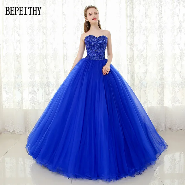 Bepeithy 2017 Custom Made Sweetheart Tulle Floor Length Beads Bepeithy 2017 Custom Made Sweetheart Tulle Floor Length Beads Sequins Ball Gown Royal Blue Quinceanera