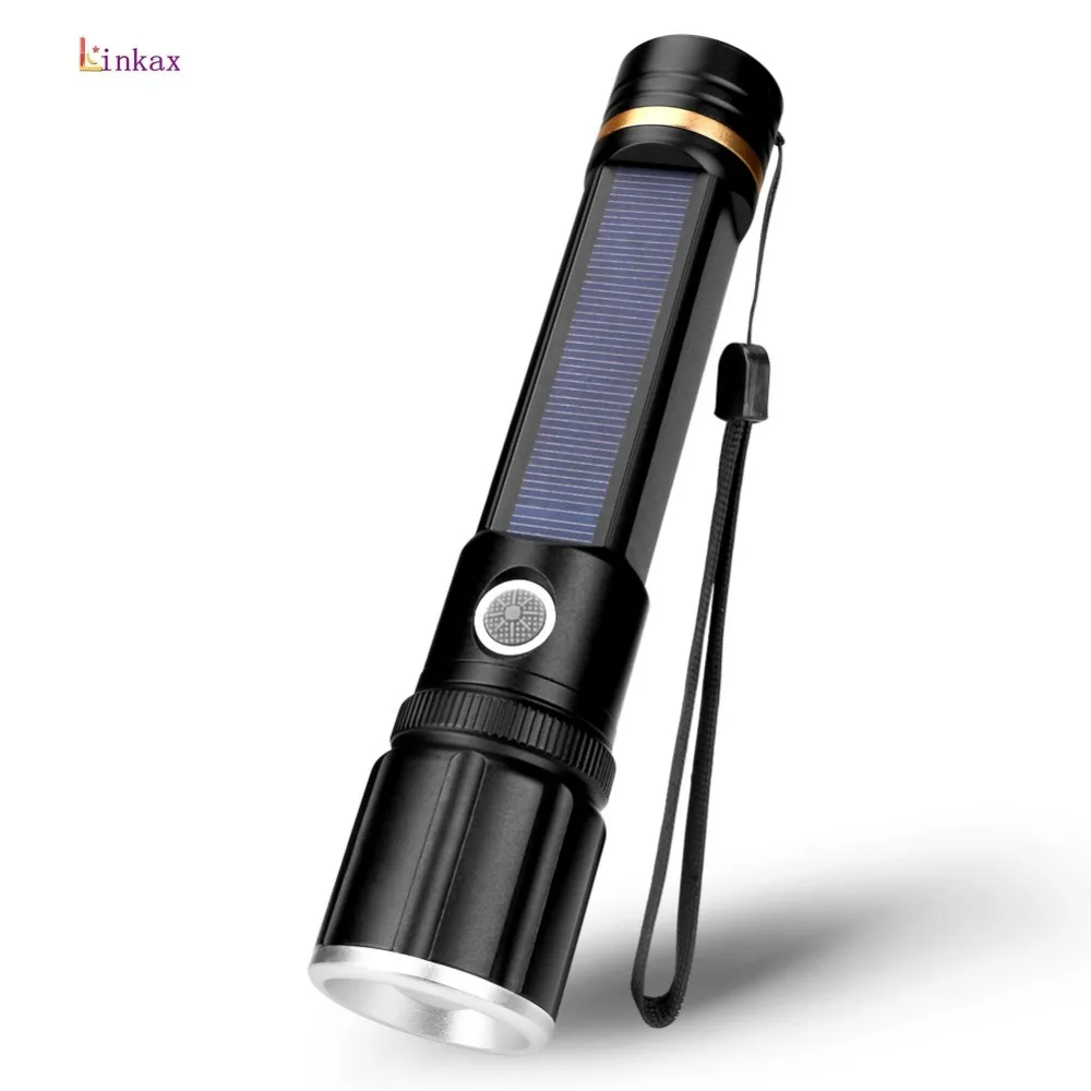 

LED Solar Charging Flashlight 3 Light Modes Lamp Built-in 18650 Battery Solar USB Charging as DC Power to Charge Phone Torch