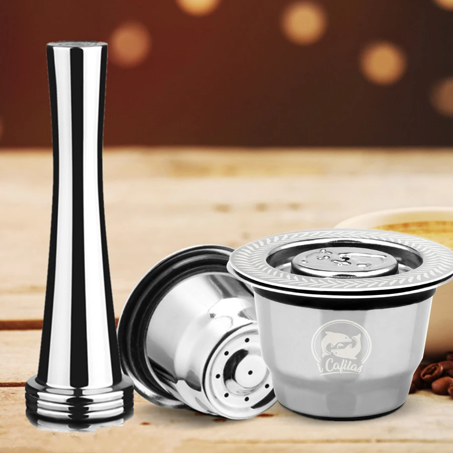 

New Refilable Stainless Steel Metal 2 in 1 Usage Coffee Filter Nespresso Reusable Capsule New Version Tamper 1 Spoon + 1Brush