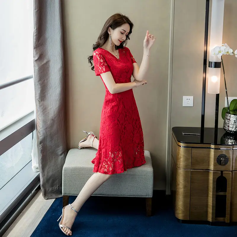 Модное Элегантное винтажное Красное Кружевное платье для женщин, летнее Повседневное платье с v-образным вырезом и коротким рукавом, платья русалки для женщин, vestidos mujer