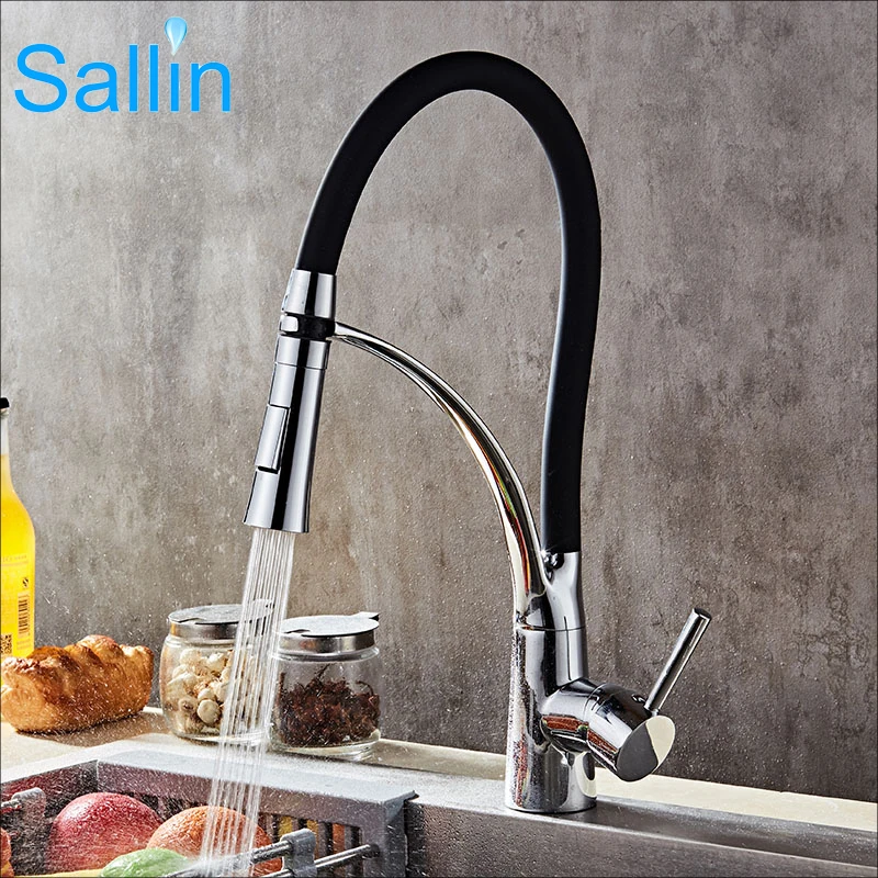 Luxury Black Kitchen Sink Faucet Pull Out Down New Chrome Brass Kitchen Sink Sprayer Head Shower