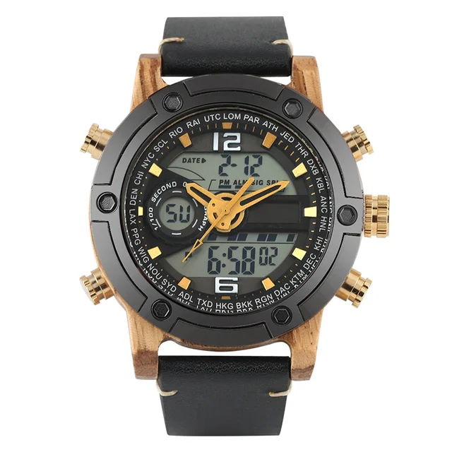 Exquisite Quartz Wooden Watch Men Casual Sport Wood Watches Male Multifunctional Digital Analog Double Display Reloj Hombre