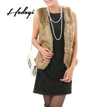 Hodoyi Women Faux Fur Lace Up Sleeveless Tops Waistcoat Elegant Tunic Crew Neck Female Vest Outwear Ladies Cardigans Waistcoat