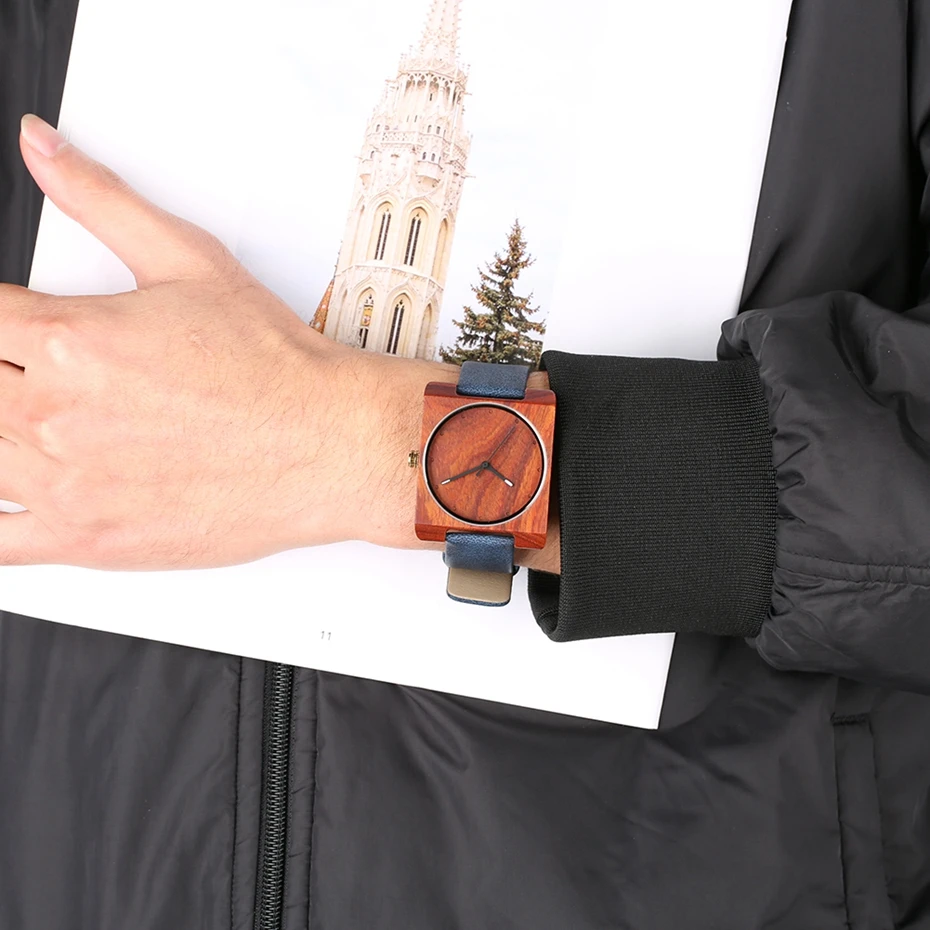 Unique Wood Watch for Men Creative Square Round Dial Leather Quartz Clock Man Watch Men's Ultra Light Woody Wristwatches Gifts 2018 2019 2020 (10)