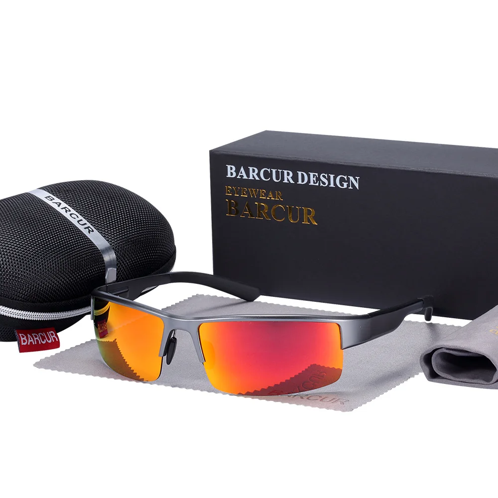 BARCUR полу поляризированне без оправы алюминиево-магниевым солнцезащитные очки спортивные солнцезащитные очки мужские женские солнцезащитные очки - Цвет линз: Orange Red