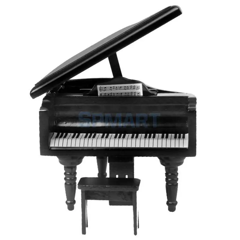MagiDeal 1/12 Scale Dollhouse Miniature Wooden Piano with Stool Black for Dollhouse Decor Kids Toy