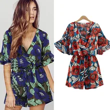 Летнее платье плюс размеры костюмы, женские комбинезоны, клиновидный вырез, v-образный вырез, короткий рукав шифоновая гимнастический комбинезон femme overalls2018