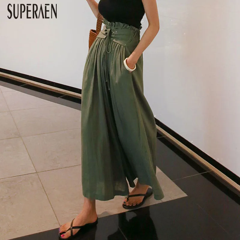 

SuperAen Casual Straps Women Pants High Waist Linen Wide Leg Pants Women Wild Solid Color Loose Fashion Ladies Pants New 2018