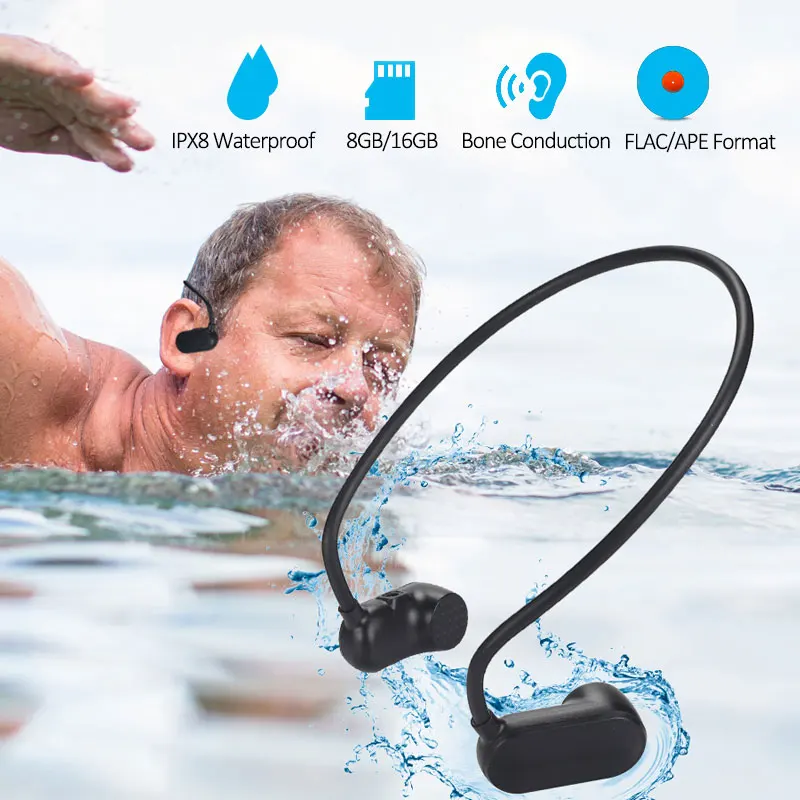 

Waterproof Bone Conduction Earphones IPX8 Waterproof MP3 Player 8GB/16GB Large Underwater Headphones Swimming for Men Women